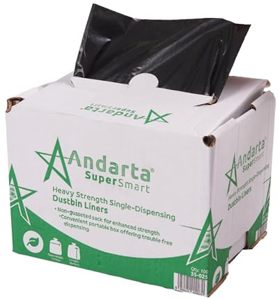 Andarta - Heavy Duty Black Bin Liners in Dispenser - Box of 100 (100L Capacity - Tear and Puncture Resistant - Made from Recycled Materials - Extra Strong Bin Bags - For Home Use and General Waste