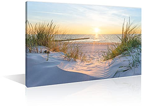TISHIRON Wall Art Sandy Beach Sunrise Pictures Painting on Canvas Wall Art Modern Framed Seaside Canvas Prints Ready To Hang(18X12in)