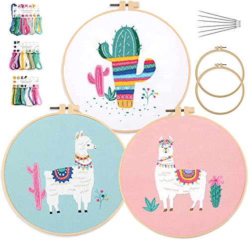 MINGHAM Stickstarter Set Komplettset für Anfänger mit Stickrahmen - Baumwollgarn, Stoff, Nadeln - Kreatives DIY Geschenk, Handarbeit für Erwachsene & Kinde