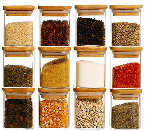 HHMJSM 12 Pcs Square Glass Spice Jars with Natural Bamboo Lids - 5oz Airtight Herb Containers with 148 Waterproof Minimalist Spice Labels Preprinted - Empty Small Seasoning Jars for Kitchen Pantry