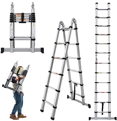 Qimu Aluminum Telescopic Extension Ladder A-Frame 2-in-1, Portable Collapsible with Stabilizer Bar,6+6 Steps Adjustable Height, 12.5FT in Straight Line & 6.25FT A-Frame, 330lbs Max Load Black