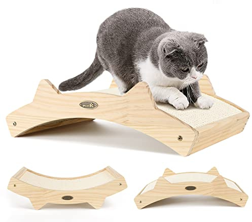 pecute Katzen Kratzbrett(42x27.5x12cm), Gewebter Sisal + Teppich Stoff Doppelseitig Haltbarer Katzen Kratzmatte, Holzstruktur Kitty Kratz Pads Katzenliege