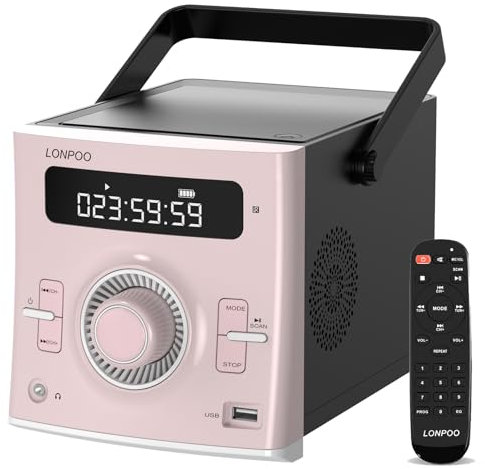 Portable CD Player Boombox 20W with Rechargeable Battery, Bluetooth, USB Input, AUX Input, MIC Port, Headphone Port, Remote Control (Pink)