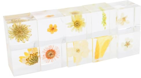 POFET 10 Stück Briefbeschwerer aus Kunstharz mit Blumenmotiv der Frühherbst-Gelb-Serie für den Schreibtisch, mit echter geprägter Mustertischdekoration, durchsichtiger quadratischer Briefbeschwerer