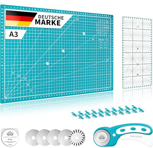 Lange & König Schneidematte Set A3 Inkl. Rollschneider, Schneideunterlage, Patchwork-Lineal, Nähklammern & Klingen - Super Nähzubehör Nähen Zubehör Stoffe zum Nähen Rollschneider Stoff Stoffklammern