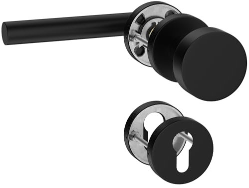 ERGO line NINA Rechts, Edelstahl Türbeschlag, Schwarz Matt, Drückergarnitur mit Festem Türknopf, PZ-Zylinder, Rosettengarnitur mit Türknopf, Wechselgarnitur Türknauf und Türdrücker, Edelstahl V2A