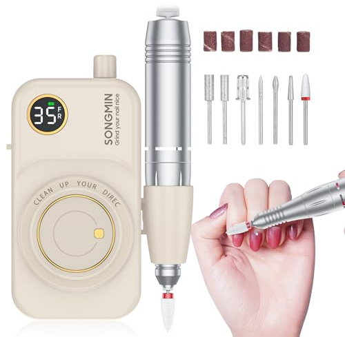 Professional Nail Drill 35000 RPM,SONGMIN Portable Cordless Efile with Bits Kit for Acrylic Nails Gel Polishing Removing,Rechargeable Electric Nail File Machine for Manicure,Pedicure Salon Home,White