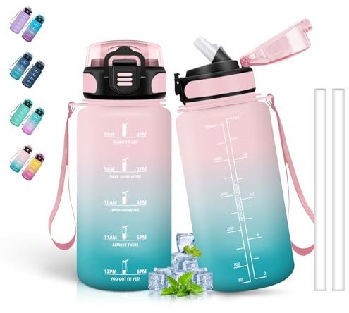 Gourde Graduée 500ml Anti Fuite pour Enfant - Facile à Nettoyer, Motivation pour Filles - pour l'École, Bureau, Velo, Voyage, Camping, Rose-Vert