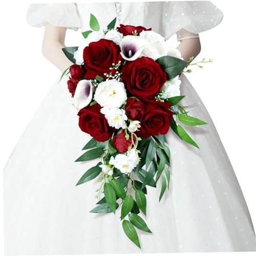Hintyne Bouquet da sposa per la sposa Bouquet da sposa per la sposa Bouquet da sposa con calla e rose rosse e vino bianco Bouquet a cascata rustico artificiale