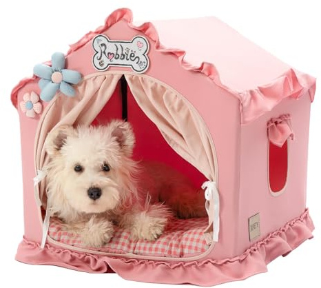 Jiupety Indoor Dog House with Frame, Cute Dog Tent Bed with Cover Cave, Breathable, Washable, and Foldable House, Suitable for 10-20 Lb Puppy and Cats, Medium (17×17×17), Pink
