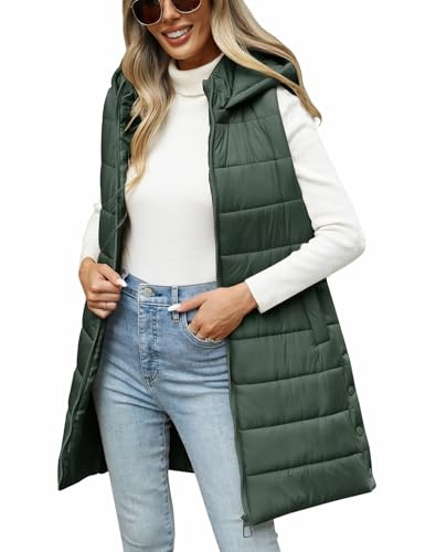 Yusongirl Puffer Vest for Women Long Hooded Lightweight Puffy Jacket Warm Sleeveless Fall Winter down Coat Outerwear(Dark Green,M)