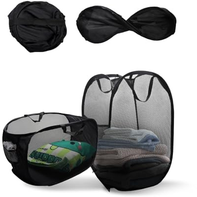 2PCS Cesto Portabiancheria Pieghevole Grande Cesto Biancheria Sporca Pieghevole con Manici, Cesta Panni Sporchi in Rete Traspirante, Sacco Portabiancheria Sporca per Bagno, Camera, Viaggio e Camping