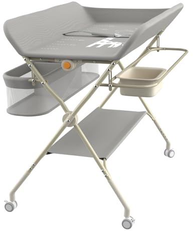 Willonin - Mesa cambiador plegable de 0 a 36 meses, mesa de cambio móvil, cambiador con cesta lateral y barra de suspensión, ajuste de altura a 5 velocidades, color gris