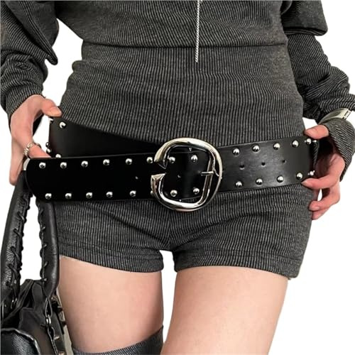 KBLDOPN Cinturón ancho de diseñador vintage for mujer, estilo punk, con remaches, gótico americano, for vestir vaqueros, ropa calle(Black)