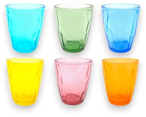 KORAT Set 6 Bicchieri Colorati in Vetro 3 Fantasie – 6 Colori – Bicchieri Acqua, Bevande, Cocktail – Alta Qualità, Lavabili in Lavastoviglie, 250-285 ml (Multicolore, 250 ML, Sagomato)