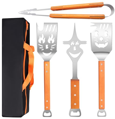 Indrnif Ensemble d'ustensiles de barbecue en acier inoxydable (4 pièces) avec pinces, spatule, fourchette à viande et manches en bois, accessoires pour barbecue extra longs, cadeau pour homme
