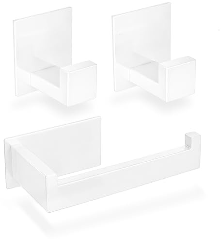 ECENCE 1x Portarrollos Papel Higiénico + 2X Ganchos para Toallas Adhesivo sin taladrar, Accesorios para baño, Blanco - Fabricados en Acero Inoxidable 304