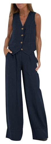 Tailleur Femme Ensemble Pantalon Lin Printemps Été À Col en V Gilet Pantalon Large en Couleur Unie Costume Décontracté Chic et Elegant Tops Leger et Respirant Ensembles Vêtements en Lin Tenue Plage