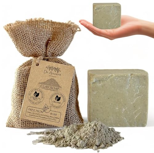 Dr.Ancient Barre de savon à l'argile biologique naturelle végétalienne traditionnelle faite à la main - Peeling minéral, exfoliant, minimiseur de pores, Des savons purs et naturels !
