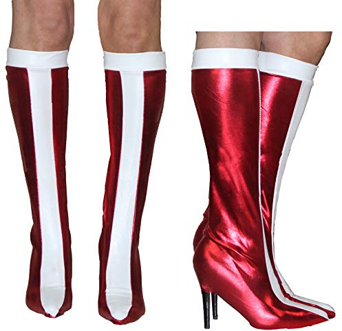 SoWest Women’s Superhero Boot Covers – 70s Red & White Fancy Dress Accessory for Halloween Party | Retro Disco Movie Star Boots Tops Cover for Heels or Flat Shoes