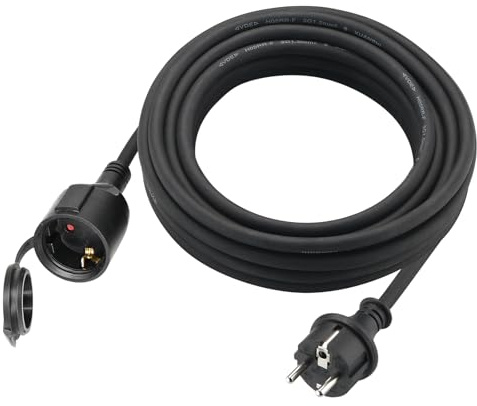 Verlängerungskabel Outdoor 5m für den Außenbereich, Gummi Verlängerung Stromkabel mit Schuko Stecker, IP44 Verlängerungsleitung 3G1,5 mm² Kabel, Elektrokabel außen, mit Schutzkappe, 3500w, Schwarz