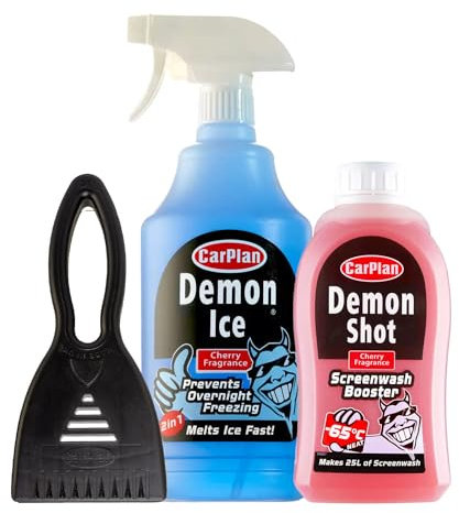 CarPlan Demon Shot Screenwash Booster, 500ml (Pack of 1) & CarPlan Demon Ice, Ice Preventer and De-Icer, 1 Litre (Pack of 1) & CarPlan Ice Scraper - Winter Car Care Bundle/Kit