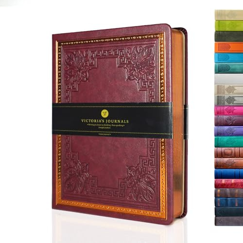 Victoria's Journals Journal i konstläder, fodrad anteckningsbok med hårt omslag i vintagestil, journal med gammalt utseende, resedagbok med linjerade sidor, 14,5 x 20,5 cm (vinröd, A5)