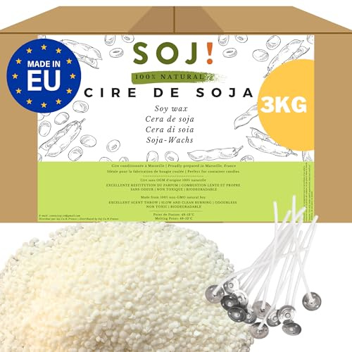 Soj – 30 STOPPINI OFFERTO - 3KG Pellet cera di soia vegetale 100% pura e naturale per la creazione di candele, cera per candele, cera di soia per candele marca francese