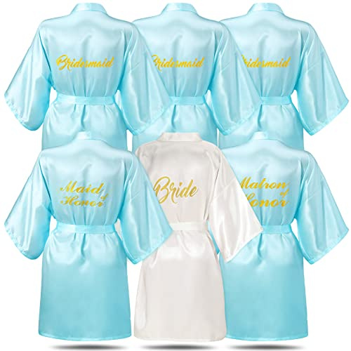 Janmercy 6 batas de dama de honor y novia para boda, regalo de fiesta nupcial, Azul y blanco, Talla única