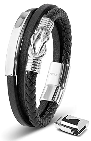 SERASAR Mens Silver Leather Bracelet 20cm - Gift Idea GiftBox Genuine Braided Cowhide Adjustable Multilayer Magnetic Clasp Rope Wrap