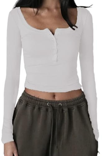 YILEEGOO Women's Casual Y2K Button Long Sleeve Slim Fit Tops Shirt Round Neck Tee Short Tops T-Shirt (Button-White, M)