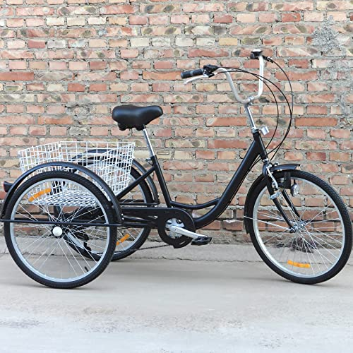 Brride 24 Zoll Dreirad für Erwachsene 6 Gänge Cruise Cityräder mit Korb bis 25kg Tricycle 3 Rad Erwachsene City Fahrrad für Heimtrainer Sport Outdoor, XIN2556