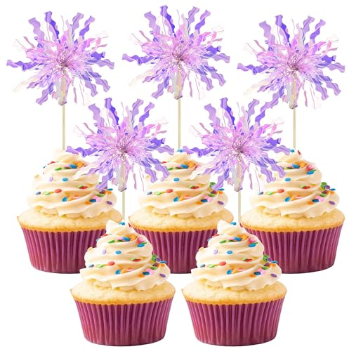 Gyufise 30Pcs Foil Firework Cupcake Toppers Happy Birthday Cake Toppers Tinsel Flower Drink Stirrers Cocktail Food Fruit Toothpicks for Valentine's Day Party Birthday Wedding Supplies Purple