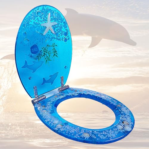 Resin Toilet Seat with Blue Ocean Yellow Starfish, Quiet Slow Soft Close Heavy Duty Toilet Seats with Tropical Fish Transparent 3D Effects Decorative Quick Release Hinges