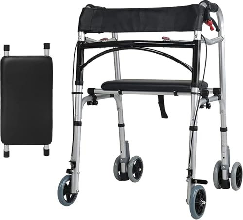 Leichter Aluminium Gehbock mit Rollen Klappbar, 4-Rad-Walker mit gepolstertem Sitz, arretierbare Bremsen, einfach zu faltender Gehwagen, für ältere oder behinderte Menschen, Mobilitätshilfe