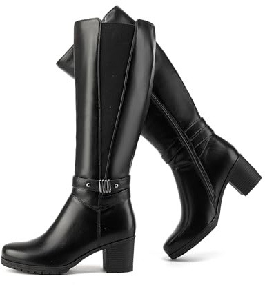 ErikenUrben Women's Knee-High Riding Boots Slim Calf Block Heel Buckle Boots Zip Winter Shoes Black Size 38