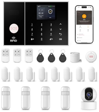 PGST Allarme casa Senza fili, Supporta schede SIM GSM/4G, Sistema di Allarme Senza fili con APP, Kit 23 Pezzi: Telecamera, Sensori Finestra, Telecomando per Garage, Ufficio (Wi-Fi 2.4GHz)