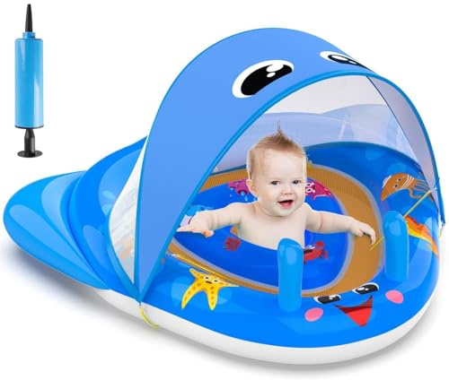 KAHEIGN Galleggiante per Piscina per Neonati con Tettuccio, 120CM x 105CM Salvagente Gonfiabile Protezione Solare UPF50+ con Seggiolino di Sicurezza per Neonati Bambini Età Compresa Tra 3 e 36 Mesi