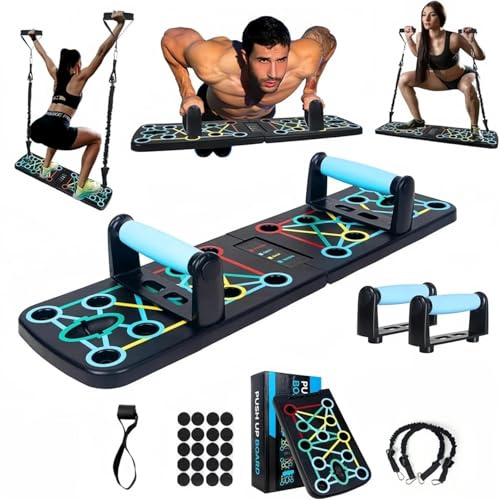 Push Up Board with Resistance Bands – 20 in 1 Foldable Press Up Board, Portable Home Workout Equipment for Men & Women, Fitness Gym Equipment, Pushup Bars, Strength Training, Gym Gift