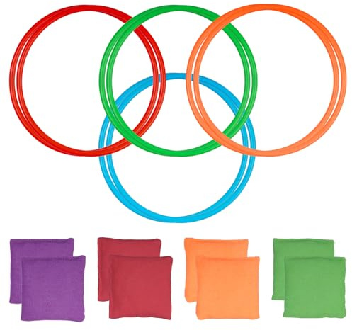 16 Pcs Juego de Lanzamiento de Anillos: 8 Lanzamiento de Anillos & 8 Bolsitas de Frijoles, Bolsa de Frijoles Juego Lanzamientos, Juegos de Jardín al Aire Libre Fiesta Deportes Interiores Exteriores