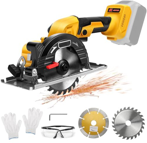 Roadtime Scie circulaire sans fil de 5 pour batterie DeWalt 20 V (sans piles), mini scie circulaire professionnelle avec 2 lames, scie à bois et couteau diamanté, idéale pour bois, métal mou