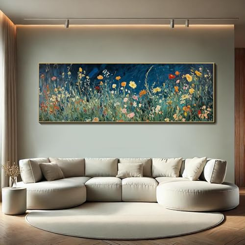XINBAO Quadro da parete con texture a olio floreale orizzontale 3D, grande, lungo e largo, dipinto botanico blu su tela, immagini di fiori selvatici colorati 50x150 cm con cornice