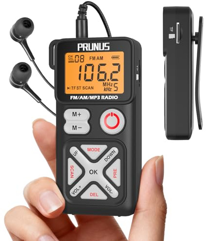 PRUNUS J-988 Bärbar AM FM-Fickradio Personlig Miniradio Med Digital Inställning, LCD-Display Och Bärklämma, Uppladdningsbar Fickradio Med Hörlurar Och SD-Kortsspelare För Promenader Och Joggning.