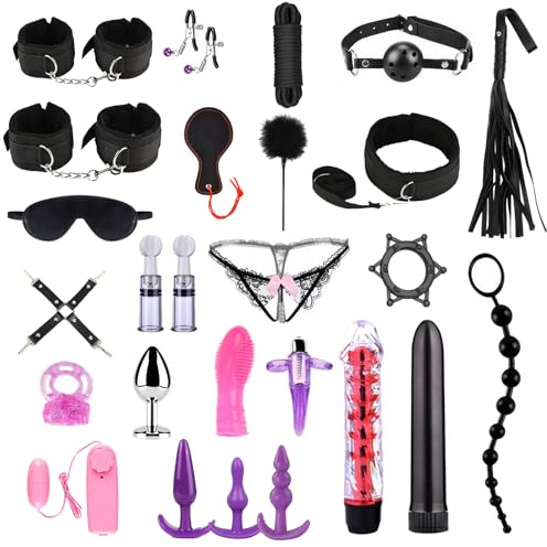 Kit BDSM Bondage 26 Pezzi Qoosea per Coppie Manette Regolabili Cavigliere Collare con Set di Plug Anale Pinze per Capezzoli Frusta Benda per Sex Toys Vibranti per Giochi Sensuali per Adulti