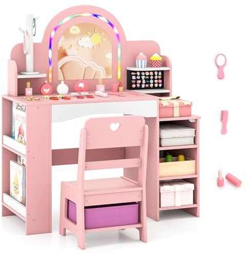 Maxmass Kids Vanity Table and Chair, Girls Dressing Table with Jewelry Rack, 2-Tier Bookshelf, Ring Slots, Open Shelves, Fabric Bin, Princess Makeup Desk Pretend Dresser for 3+ Years Old (Pink)