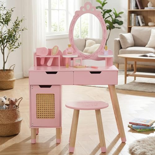 WOODENFUN Kids Vanity Table and Chair Set for Little Girls, Pink Girls Vanity with 7 Pcs Accessories, Enough for Real and Pretend Makeup, Toddler Vanity for 3 Year Old and Up as Ideal Gift