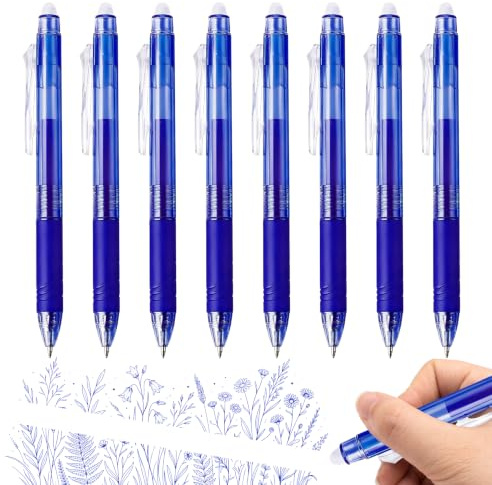 DGTXMY Lot de 8 Stylo Bleu Effacables, 0,5mm Stylo Gomme, Stylo Roller | Stylos à Bille avec Gomme, à Séchage Rapide, Pointe Fine et Lisse, pour Bureau, École (Bleu)