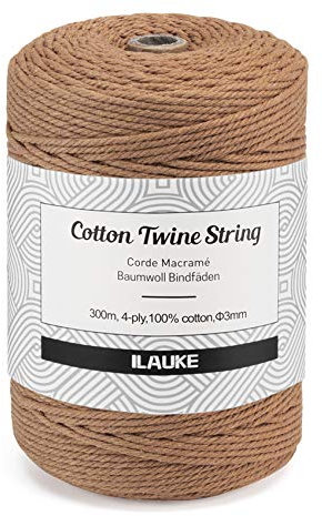 ilauke Makramee Garn 3 mm x 300m Natürliche Baumwoll Bastelschnur für DIY Handwerk Basteln Stricken Boho Deko Wandbehang Dekoration Wohnzimmer Balkon (Hellbraun)