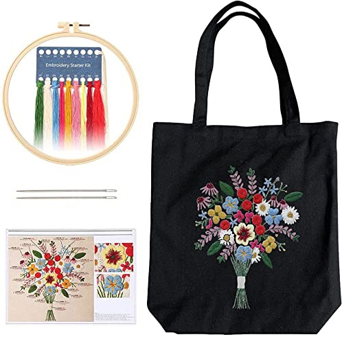 Namvo Canvas Tote Bag broderiset med mönster och instruktioner, inklusive broderiväska med blommönster, bambubroderiram, färgar och verktyg