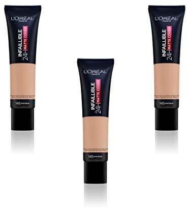 L'Oréal Paris Infaillible 24H Mat Cover Fond de Teint Matifiant - 145 Beige Rosé, lot de 3 (3 x 30ml)